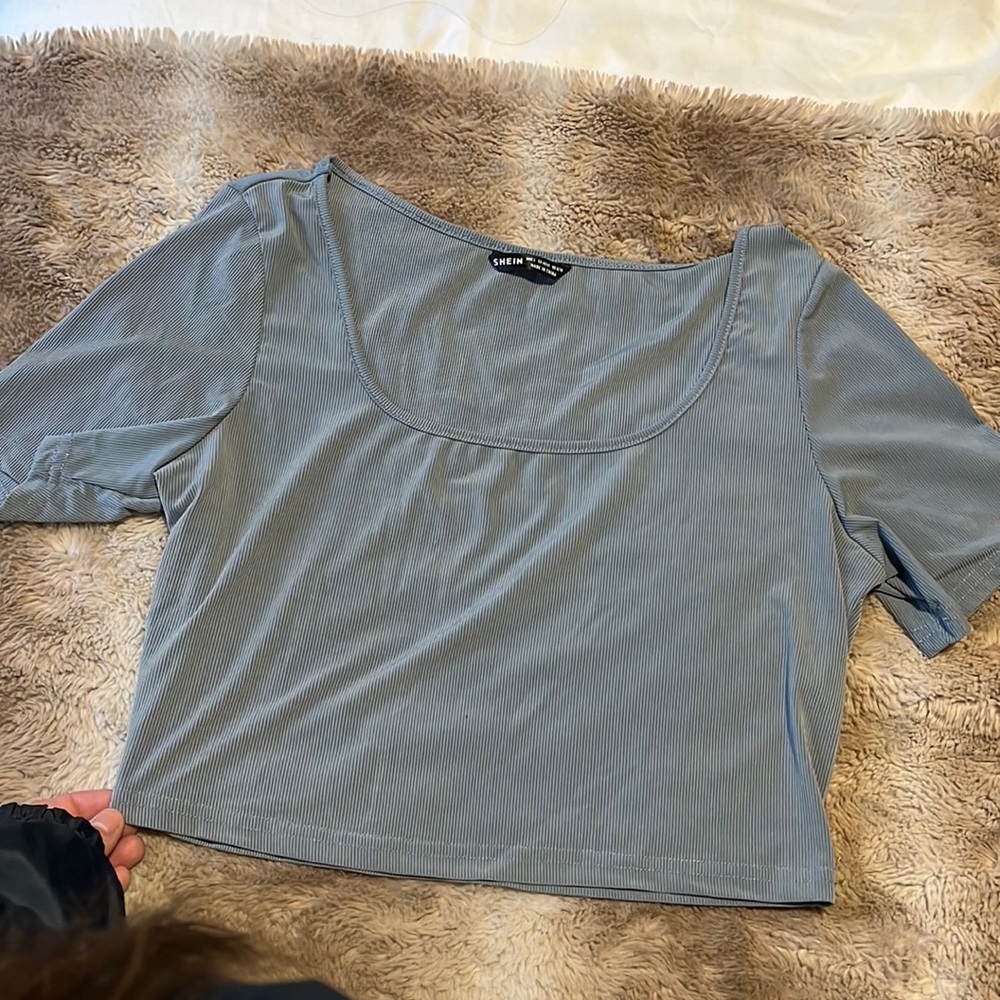 Gray Ribbed Scoop Neck Crop Tee